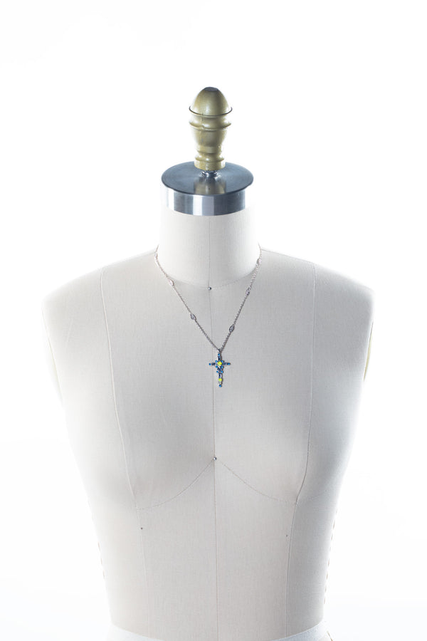 Blue Mini Cross Heart Necklace