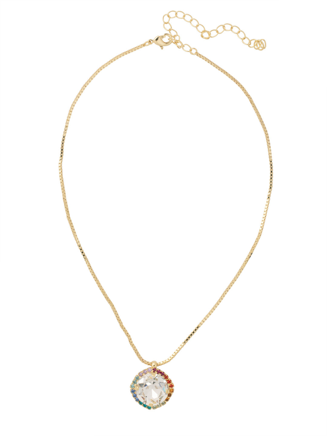 Gelia Pendant Necklace - 8NA2BGPRI - <p>A single halo set round clear crystal hangs from a sturdy box chain closed by a small lobster claw. From Sorrelli's Prism collection in our Bright Gold-tone finish.</p>