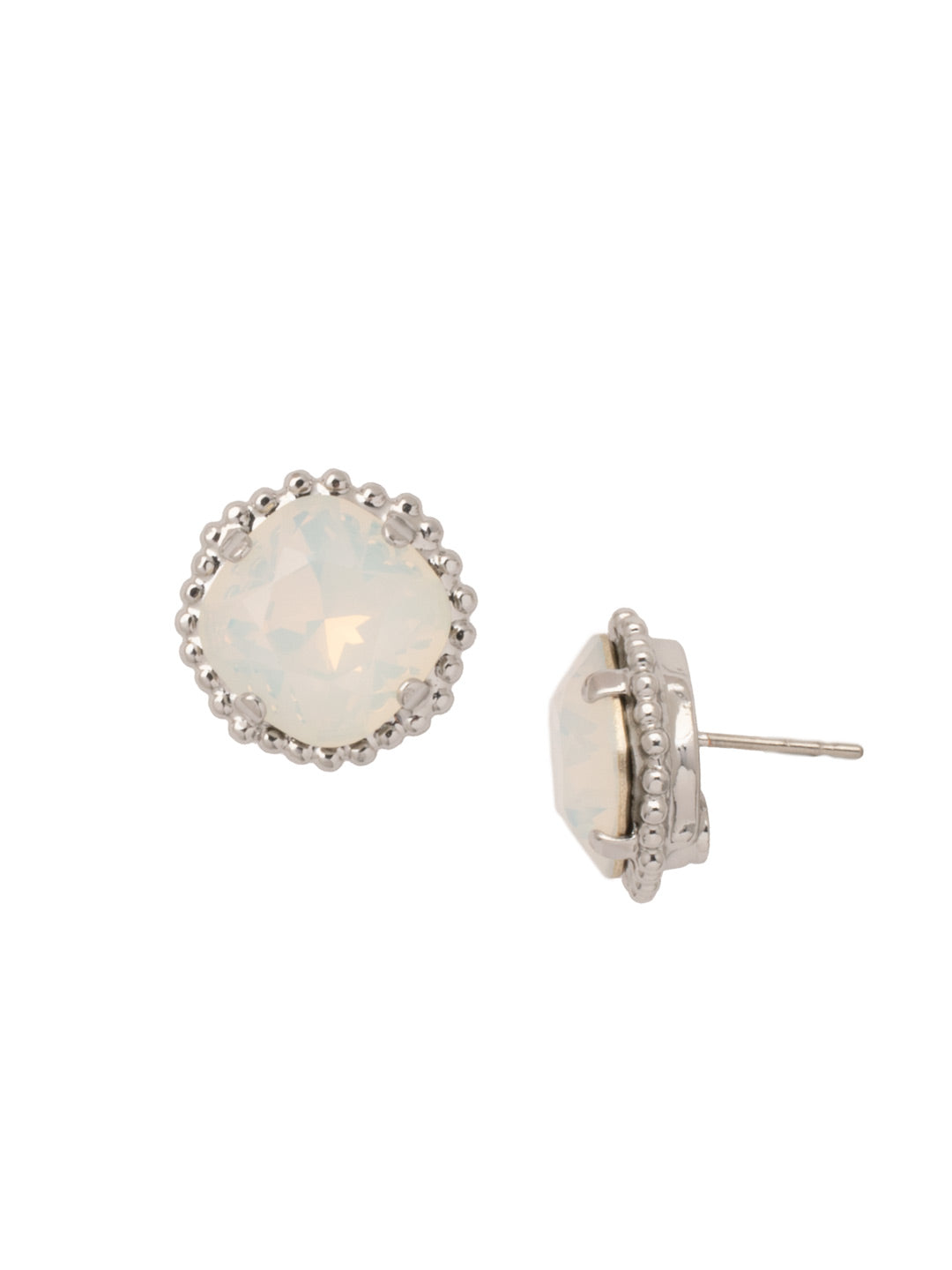 Cushion-Cut Solitaire Stud Earrings - EBX10PDWO - <p>All around allure; the Cushion-Cut Solitaire Stud Earring features a rounded-edge, cushion cut stone that is encircled by a vintage inspired decorative, edged border. A post backing ensures comfortable, everyday wear. From Sorrelli's White Opal collection in our Palladium finish.</p>