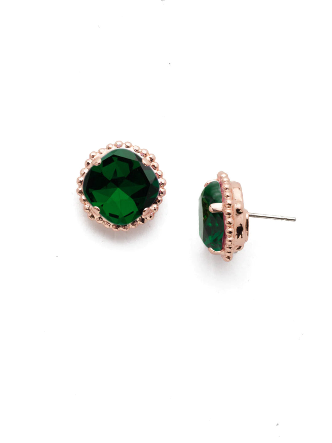 Cushion-Cut Solitaire Stud Earrings - EBX10RGEME - <p>All around allure; the Cushion-Cut Solitaire Stud Earring features a rounded-edge, cushion cut stone that is encircled by a vintage inspired decorative, edged border. A post backing ensures comfortable, everyday wear. From Sorrelli's Emerald collection in our Rose Gold-tone finish.</p>