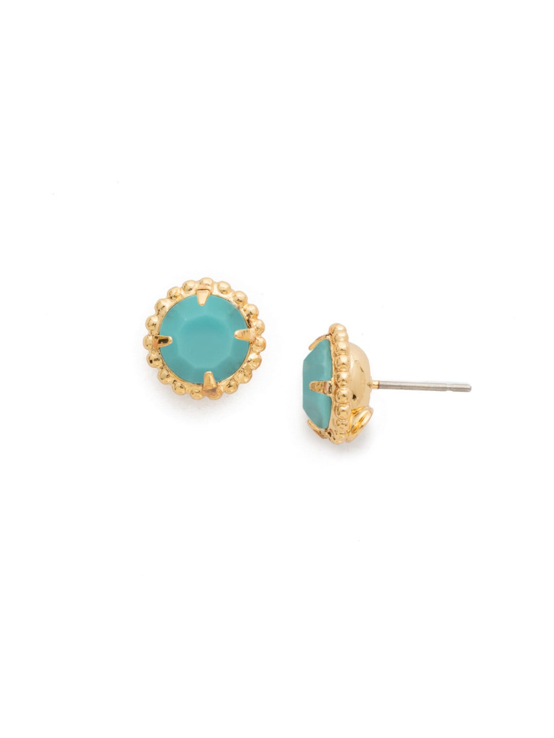 Simplicity Stud Earrings - EBY38BGTQ - <p>A timeless classic, the Simplicity Stud Earrings feature round cut crystals in a variety of colors; accented with a halo of metal beaded detail. Need help picking a stud? <a href="https://www.sorrelli.com/blogs/sisterhood/round-stud-earrings-101-a-rundown-of-sizes-styles-and-sparkle">Check out our size guide!</a> From Sorrelli's Turquoise collection in our Bright Gold-tone finish.</p>