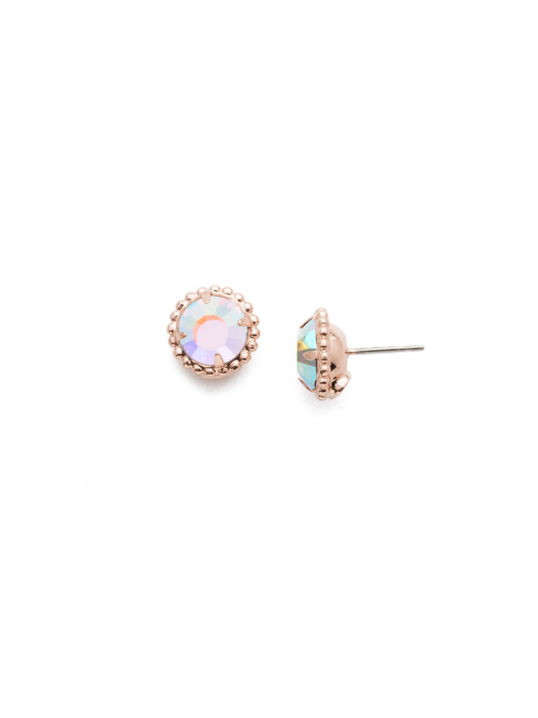 Simplicity Stud Earrings - EBY38RGCAB - <p>A timeless classic, the Simplicity Stud Earrings feature round cut crystals in a variety of colors; accented with a halo of metal beaded detail. Need help picking a stud? <a href="https://www.sorrelli.com/blogs/sisterhood/round-stud-earrings-101-a-rundown-of-sizes-styles-and-sparkle">Check out our size guide!</a> From Sorrelli's Crystal Aurora Borealis collection in our Rose Gold-tone finish.</p>