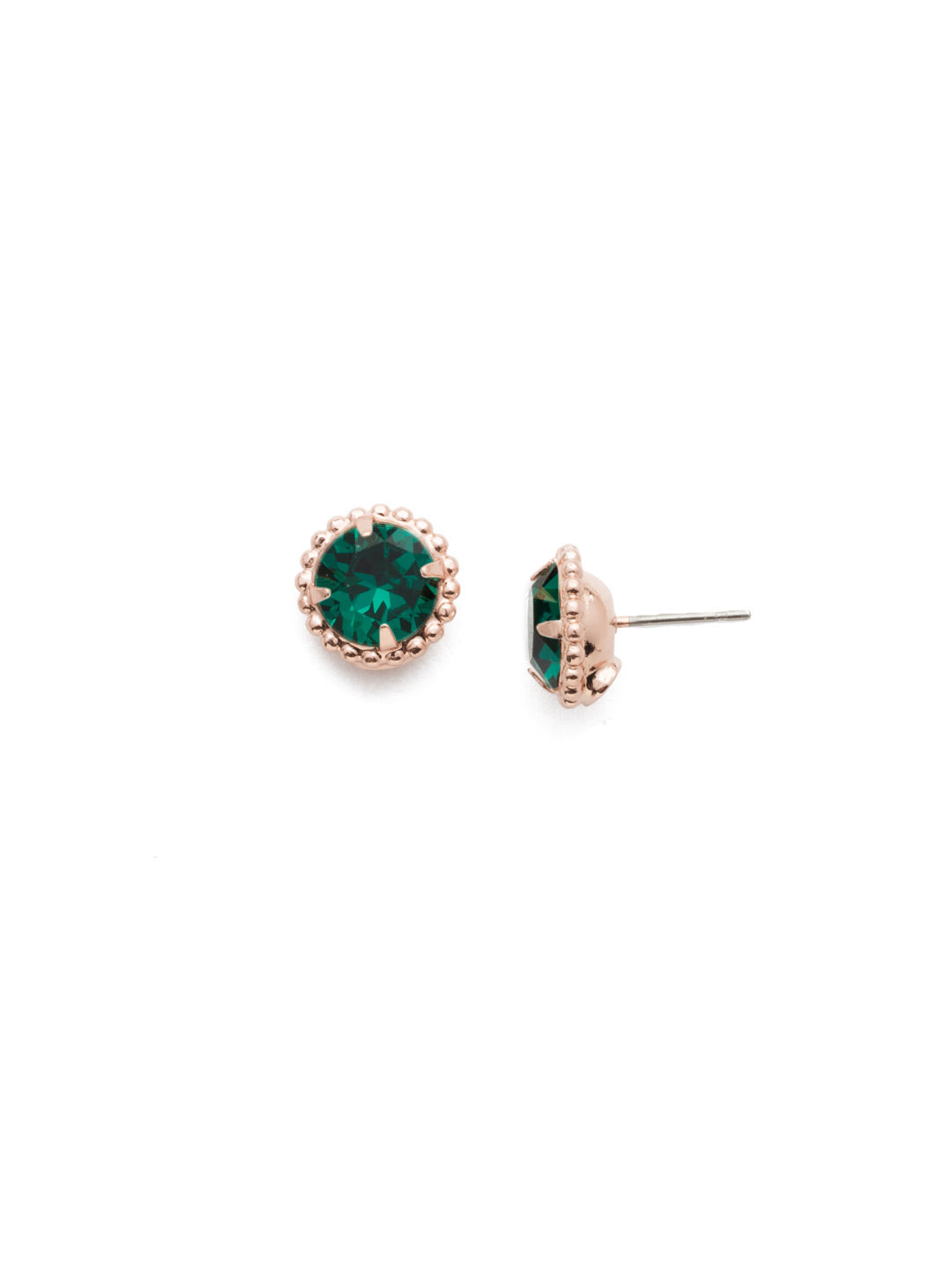 Simplicity Stud Earrings - EBY38RGEME - <p>A timeless classic, the Simplicity Stud Earrings feature round cut crystals in a variety of colors; accented with a halo of metal beaded detail. Need help picking a stud? <a href="https://www.sorrelli.com/blogs/sisterhood/round-stud-earrings-101-a-rundown-of-sizes-styles-and-sparkle">Check out our size guide!</a> From Sorrelli's Emerald collection in our Rose Gold-tone finish.</p>