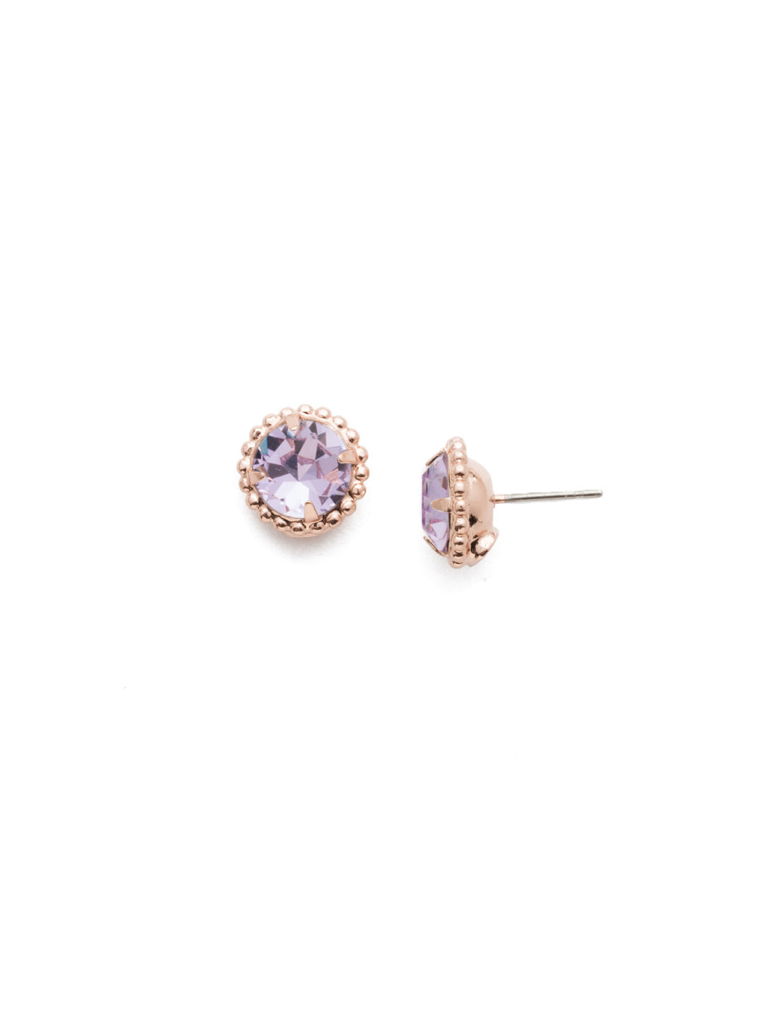 Simplicity Stud Earrings - EBY38RGVI - <p>A timeless classic, the Simplicity Stud Earrings feature round cut crystals in a variety of colors; accented with a halo of metal beaded detail. Need help picking a stud? <a href="https://www.sorrelli.com/blogs/sisterhood/round-stud-earrings-101-a-rundown-of-sizes-styles-and-sparkle">Check out our size guide!</a> From Sorrelli's Violet collection in our Rose Gold-tone finish.</p>