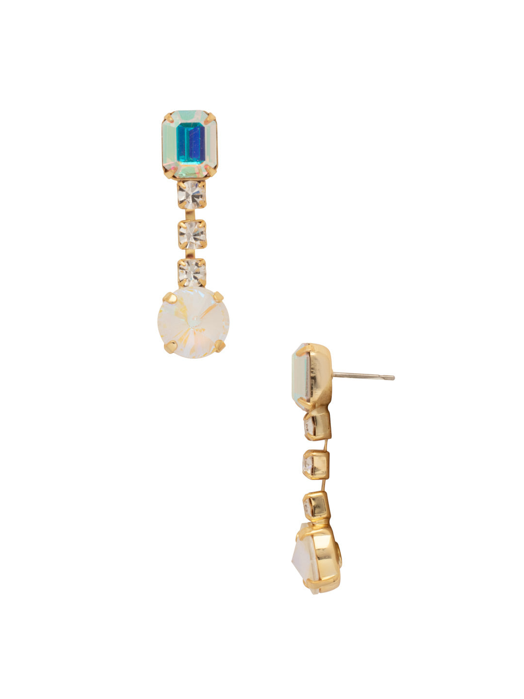 Bevy Dangle Earrings - EFT222BGICL - <p>Elevate your look with the Bevy Dangle Earrings, showcasing a delicate emerald-cut crystal perched on a post, beautifully complemented by a shimmering rhinestone chain that leads to a striking round-cut crystal at the end. These earrings are the ideal blend of sophistication and charm. From Sorrelli's Icicle collection in our Bright Gold-tone finish.</p>