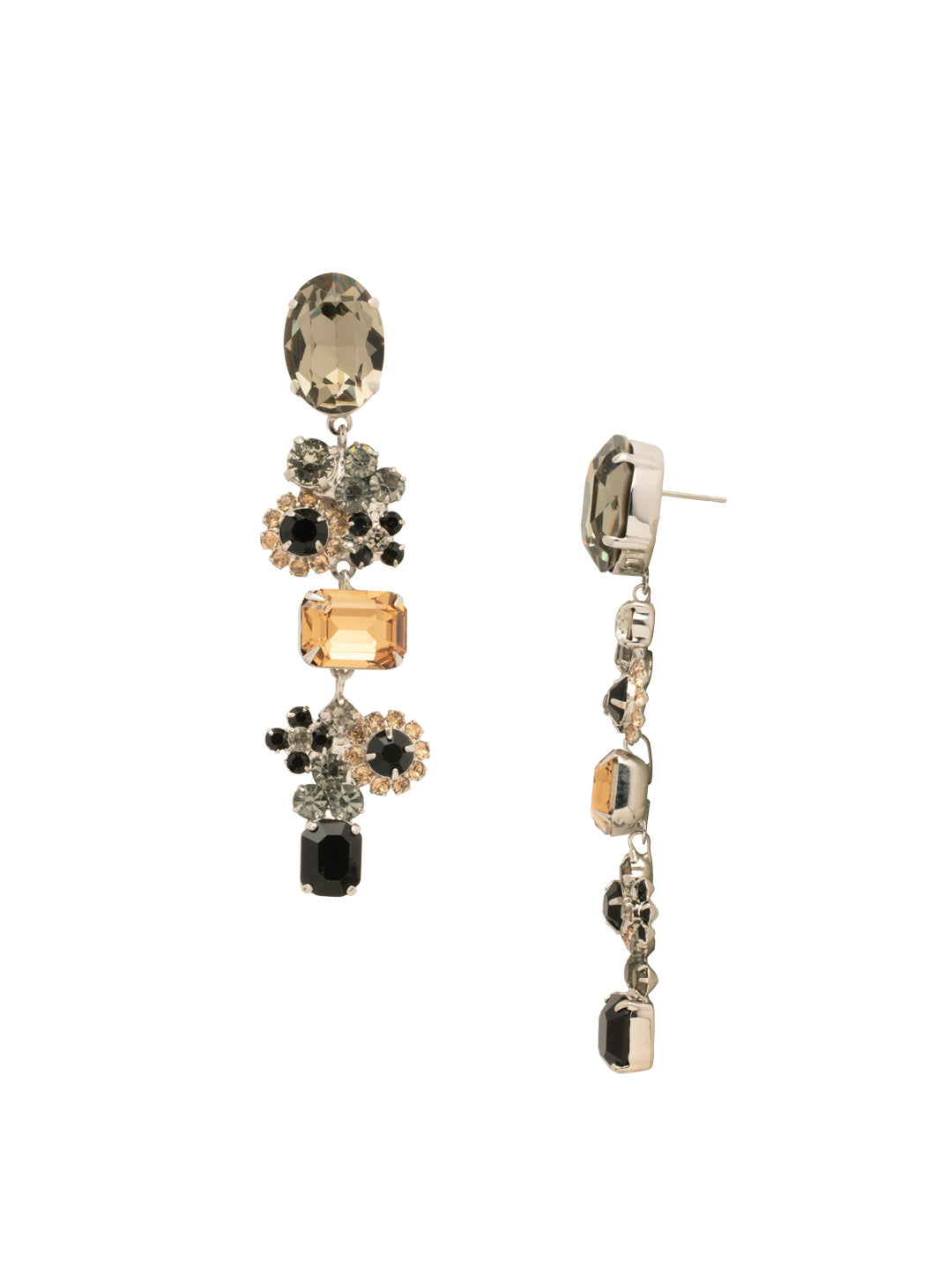 Claire Statement Earrings - EFT333PDEM - <p>The Claire Statement Earrings feature a stunning design with a single oval-cut crystal at the top, gracefully leading to a fancy crystal-embellished floral cluster and a striking emerald-cut crystal. Additional floral clusters and a petite emerald-cut crystal at the bottom create a captivating elongated effect that adds elegance and sophistication to any look. From Sorrelli's Evening Moon collection in our Palladium finish.</p>