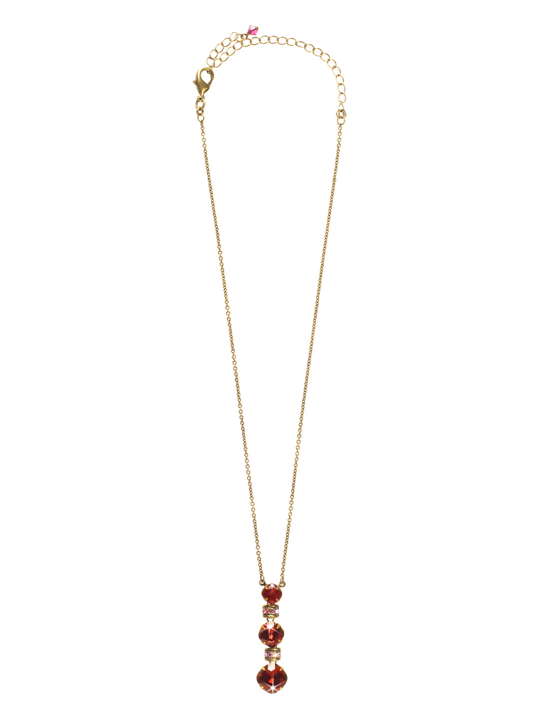 Three-Tiered Drop Crystal Pendant Necklace - NCF21AGPOR - <p>Cushion cut crystals stack beautifully when separated by delicate metal and crystal separators. The perfect pendant to layer with any amount of sparkle! From Sorrelli's Pink Orchid collection in our Antique Gold-tone finish.</p>