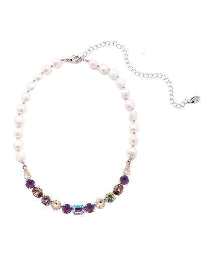 Cadenza Tennis Necklace - NEC14PDSIP - <p>This classic beauty features a chain of wire-wrapped freshwater pearls supporting a delicate pattern of crystal shapes at its base. From Sorrelli's Sienna Plum collection in our Palladium finish.</p>