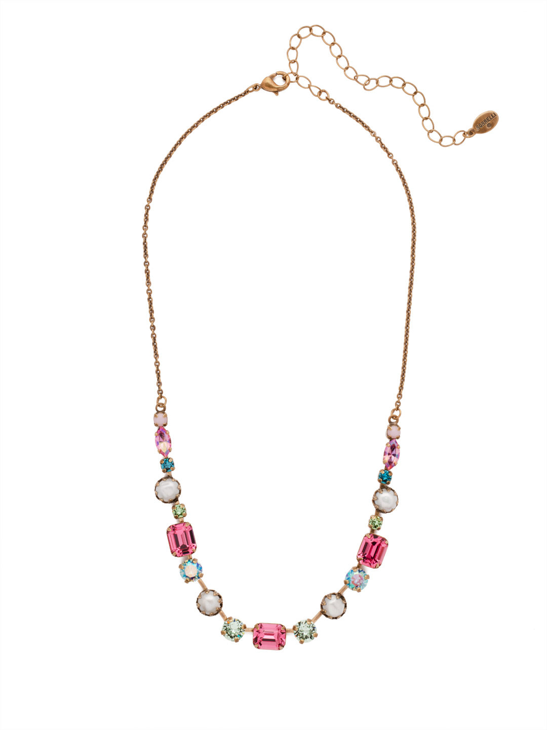 Deandra Tennis Necklace - NES10AGHB - <p>The Deandra Tennis Necklace is classic style personified: showcasing pretty pearls, opaque gems and sparkling cushion crystals. From Sorrelli's Happy Birthday collection in our Antique Gold-tone finish.</p>