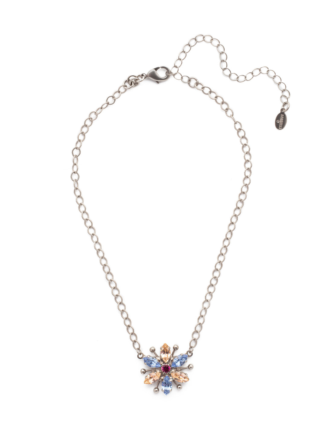 Phoebe Pendant Necklace - NEV90ASDX - <p>Go airy and floral when you wear the Phoebe Pendant Necklace. Metallic linkwork gives way to a floral pendant crafted from sparkling navette crystals. From Sorrelli's Dixie collection in our Antique Silver-tone finish.</p>