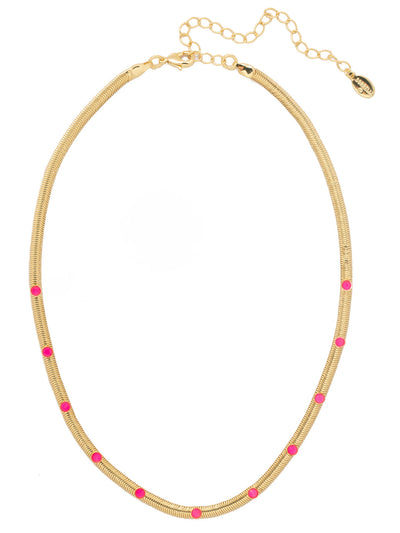 Mini Studded Juna Tennis Necklace - NFM35BGETP - <p>The Mini Studded Juna Tennis Necklace features the classic mini snake chain lined with round crystal studs along the chain, adjustable and secured with a lobster claw clasp. From Sorrelli's Electric Pink collection in our Bright Gold-tone finish.</p>