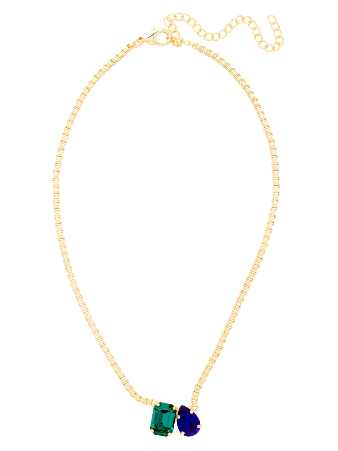 Emerald Pear Pendant Necklace - NFN3BGEB - <p>The Emerald Pear Pendant Necklace features an emerald and pear cut crystal, nestled together on an adjustable box chain, secured with a lobster claw clasp. From Sorrelli's Electric Blue collection in our Bright Gold-tone finish.</p>