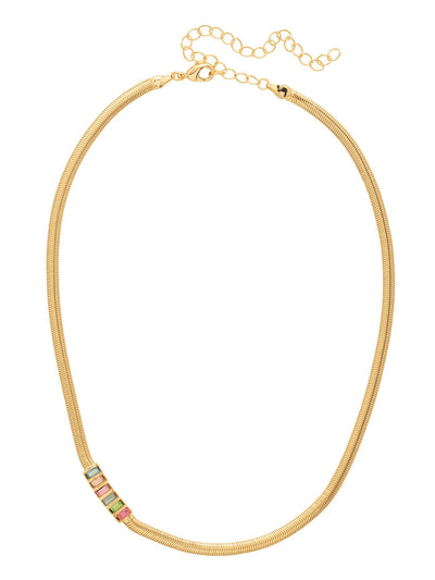 Secily Tennis Necklace - NFP30BGCON - <p>The Secily Tennis Necklace features a row of baguette cut crystals off-centered on a thin, adjustable snake chain, secured with a lobster claw clasp. From Sorrelli's Confetti  collection in our Bright Gold-tone finish.</p>