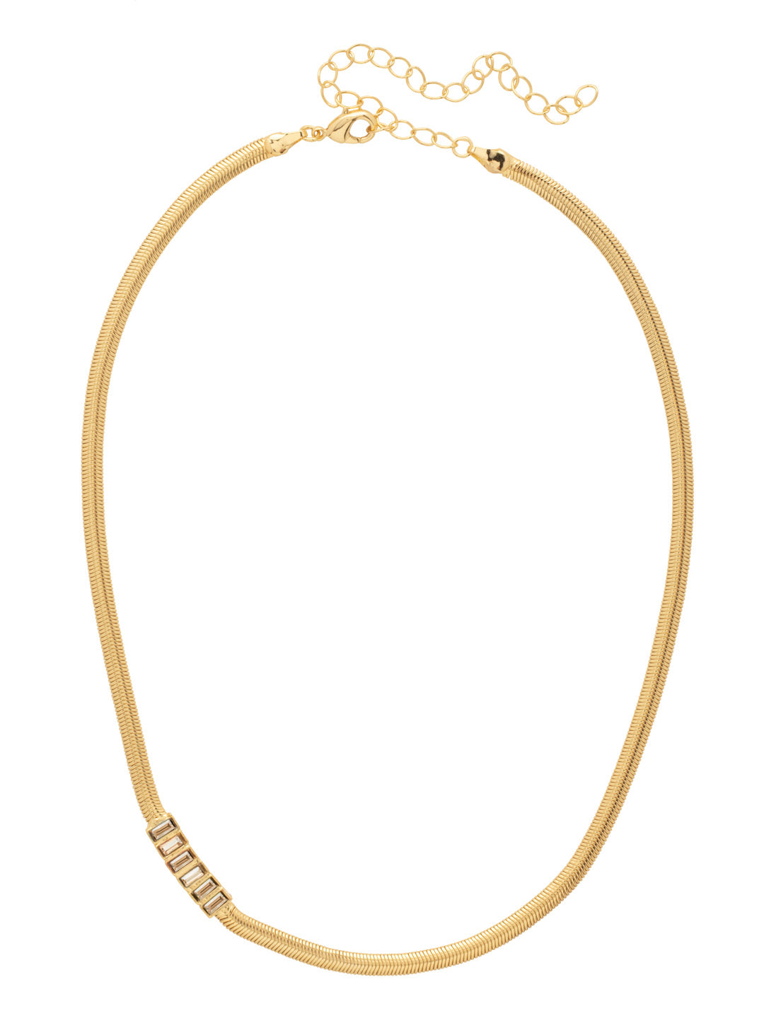 Secily Tennis Necklace - NFP30MGGGO - <p>The Secily Tennis Necklace features a row of baguette cut crystals off-centered on a thin, adjustable snake chain, secured with a lobster claw clasp. From Sorrelli's Golden Goddess collection in our Matte Gold-tone finish.</p>