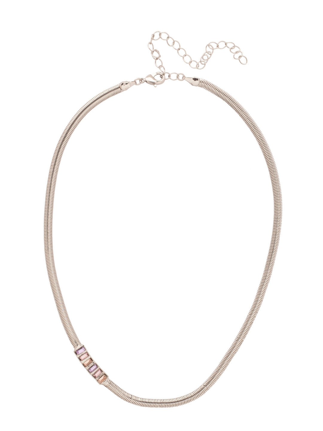 Secily Tennis Necklace - NFP30PDLCH - <p>The Secily Tennis Necklace features a row of baguette cut crystals off-centered on a thin, adjustable snake chain, secured with a lobster claw clasp. From Sorrelli's Lilac Champagne collection in our Palladium finish.</p>