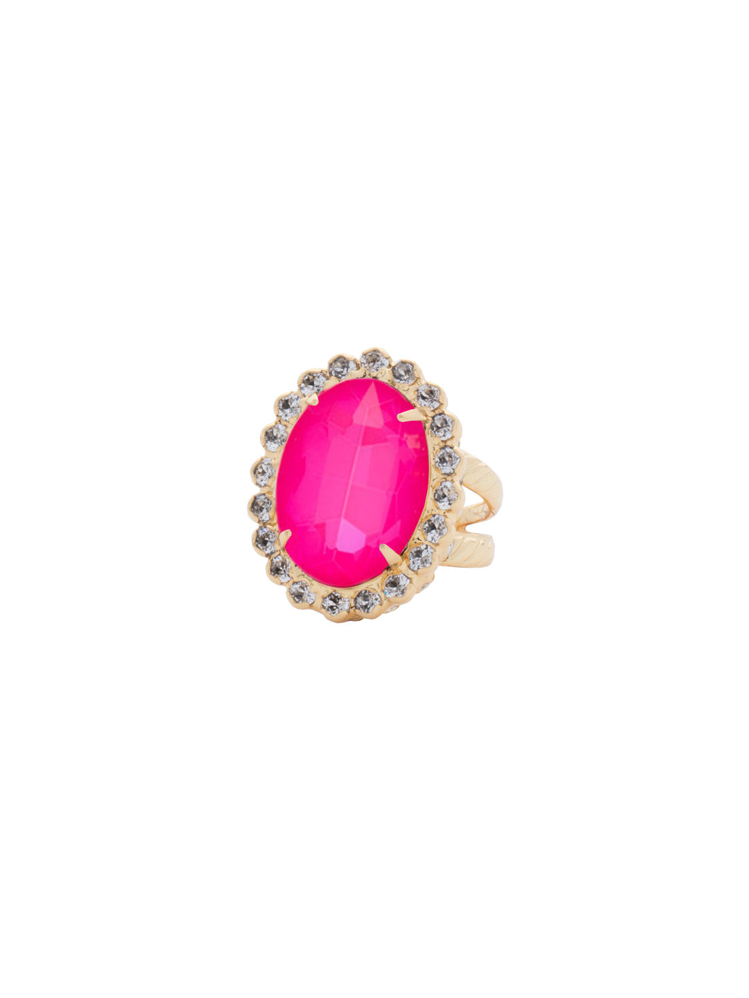 Glamorous Oval-Cut Cocktail Ring - RBT68BGETP - <p>A jewelry collection must! This glamorous ring features a bold oval cut center crystal surrounded by crystal accents that sits on a braided band to create an antique classic. Ring size: 7 (US) From Sorrelli's Electric Pink collection in our Bright Gold-tone finish.</p>