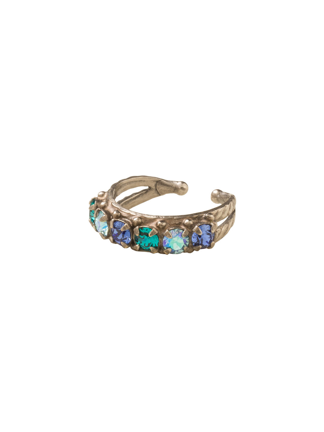 Slim Crystal Cocktail Ring - RCR111ASEB - <p>Small round stones align in a slim ring that is perfect for stacking and layering with others! Wear one or wear some, you can never have too much sparkle! Ring size: 7 (US) From Sorrelli's Electric Blue collection in our Antique Silver-tone finish.</p>