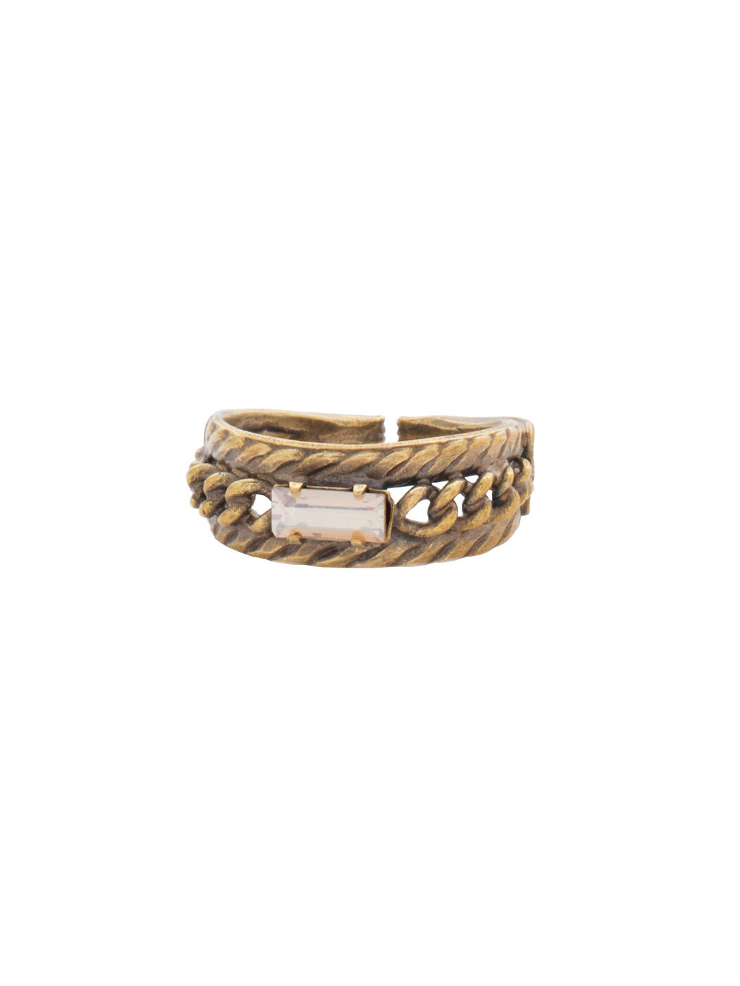 Petite Braided Baguette Cocktail Ring - RCT28AGNT - <p>This stackable ring features a petite baguette crystal set between two braided bands, which is further accented by delicate, metal chain. Ring size: 7 (US) From Sorrelli's Neutral Territory collection in our Antique Gold-tone finish.</p>