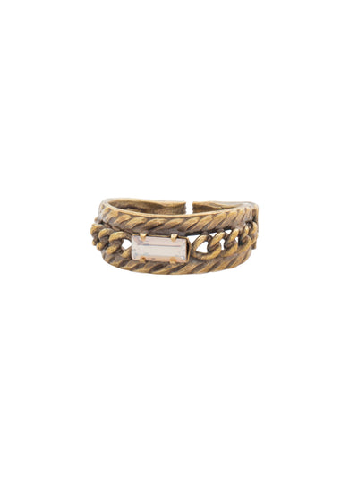 Petite Braided Baguette Cocktail Ring - RCT28AGNT - <p>This stackable ring features a petite baguette crystal set between two braided bands, which is further accented by delicate, metal chain. Ring size: 7 (US) From Sorrelli's Neutral Territory collection in our Antique Gold-tone finish.</p>