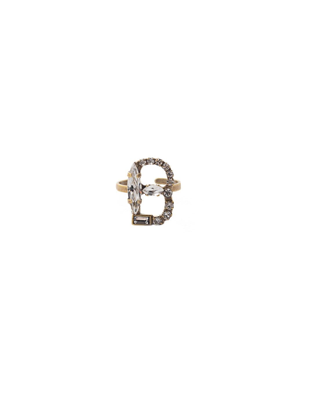 B Initial Statement Ring - REH41AGCRY - <p>The initial statement ring makes a great gift for someone you love…AND for yourself! An assortment of crystals embellish a single letter charm, sitting prominently in the center of an adjustable ring band. Pair it with the initial pendant necklace to create your own look! From Sorrelli's Crystal collection in our Antique Gold-tone finish.</p>