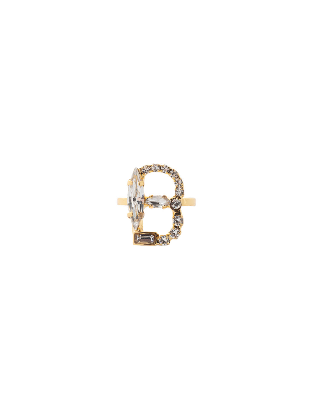 B Initial Statement Ring - REH41BGCRY - <p>The initial statement ring makes a great gift for someone you love…AND for yourself! An assortment of crystals embellish a single letter charm, sitting prominently in the center of an adjustable ring band. Pair it with the initial pendant necklace to create your own look! From Sorrelli's Crystal collection in our Bright Gold-tone finish.</p>