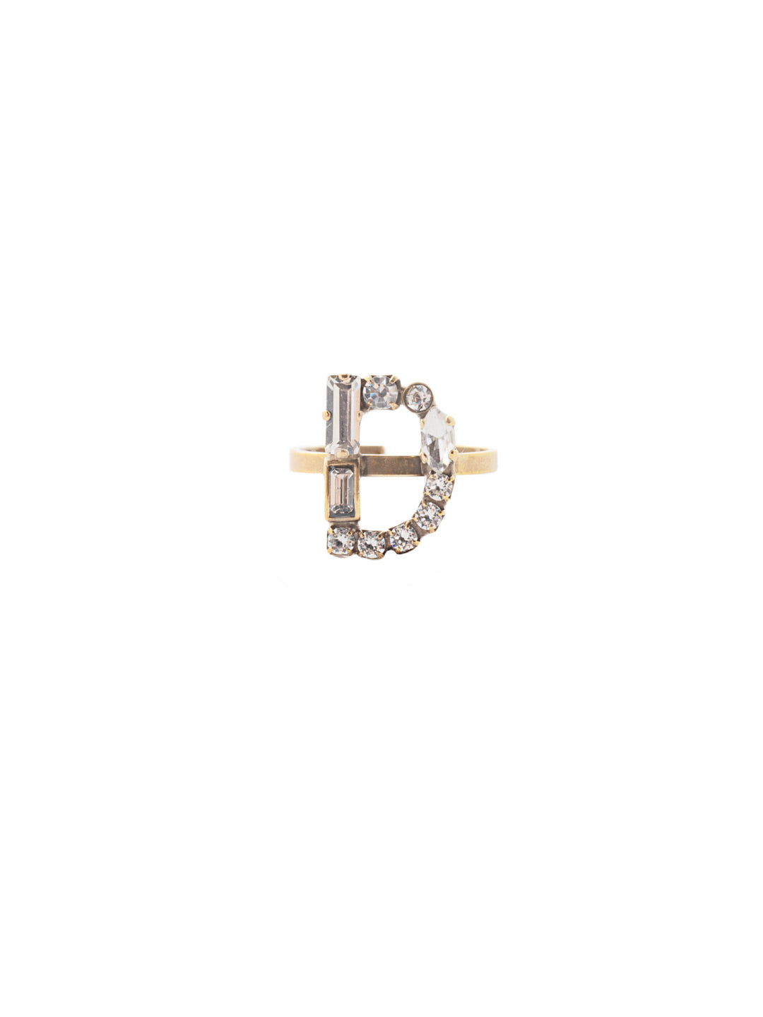 D Initial Statement Ring - REH43AGCRY - <p>The initial statement ring makes a great gift for someone you love…AND for yourself! An assortment of crystals embellish a single letter charm, sitting prominently in the center of an adjustable ring band. Pair it with the initial pendant necklace to create your own look! From Sorrelli's Crystal collection in our Antique Gold-tone finish.</p>