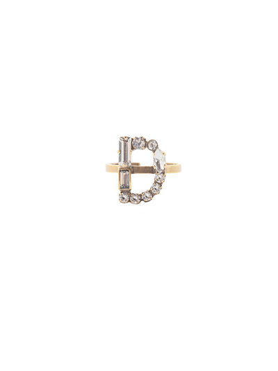 D Initial Statement Ring - REH43AGCRY - <p>The initial statement ring makes a great gift for someone you love…AND for yourself! An assortment of crystals embellish a single letter charm, sitting prominently in the center of an adjustable ring band. Pair it with the initial pendant necklace to create your own look! From Sorrelli's Crystal collection in our Antique Gold-tone finish.</p>