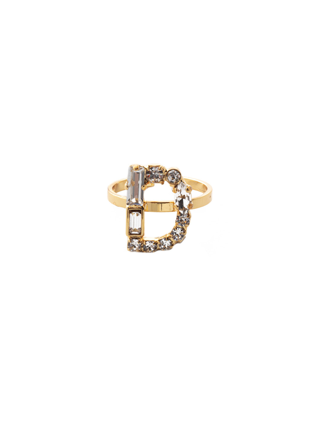 D Initial Statement Ring - REH43BGCRY - <p>The initial statement ring makes a great gift for someone you love…AND for yourself! An assortment of crystals embellish a single letter charm, sitting prominently in the center of an adjustable ring band. Pair it with the initial pendant necklace to create your own look! From Sorrelli's Crystal collection in our Bright Gold-tone finish.</p>