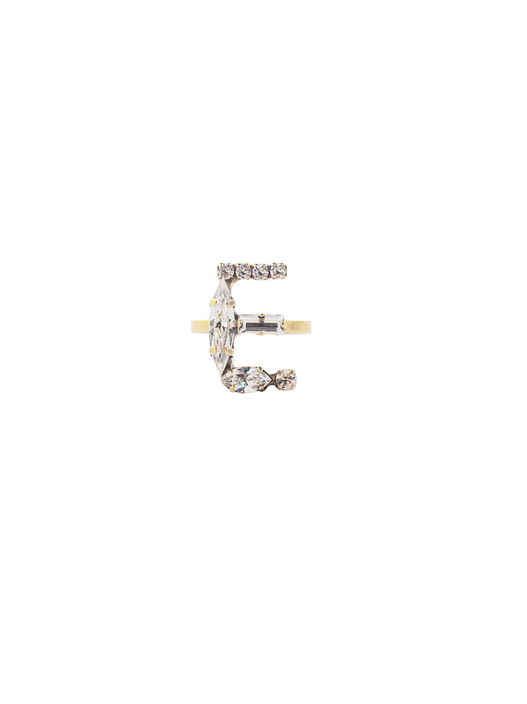 E Initial Statement Ring - REH44AGCRY - <p>The initial statement ring makes a great gift for someone you love…AND for yourself! An assortment of crystals embellish a single letter charm, sitting prominently in the center of an adjustable ring band. Pair it with the initial pendant necklace to create your own look! From Sorrelli's Crystal collection in our Antique Gold-tone finish.</p>