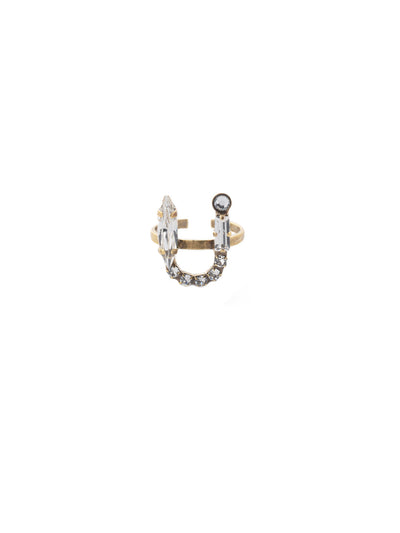 U Initial Statement Ring - REH60AGCRY - <p>The initial statement ring makes a great gift for someone you love…AND for yourself! An assortment of crystals embellish a single letter charm, sitting prominently in the center of an adjustable ring band. Pair it with the initial pendant necklace to create your own look! From Sorrelli's Crystal collection in our Antique Gold-tone finish.</p>