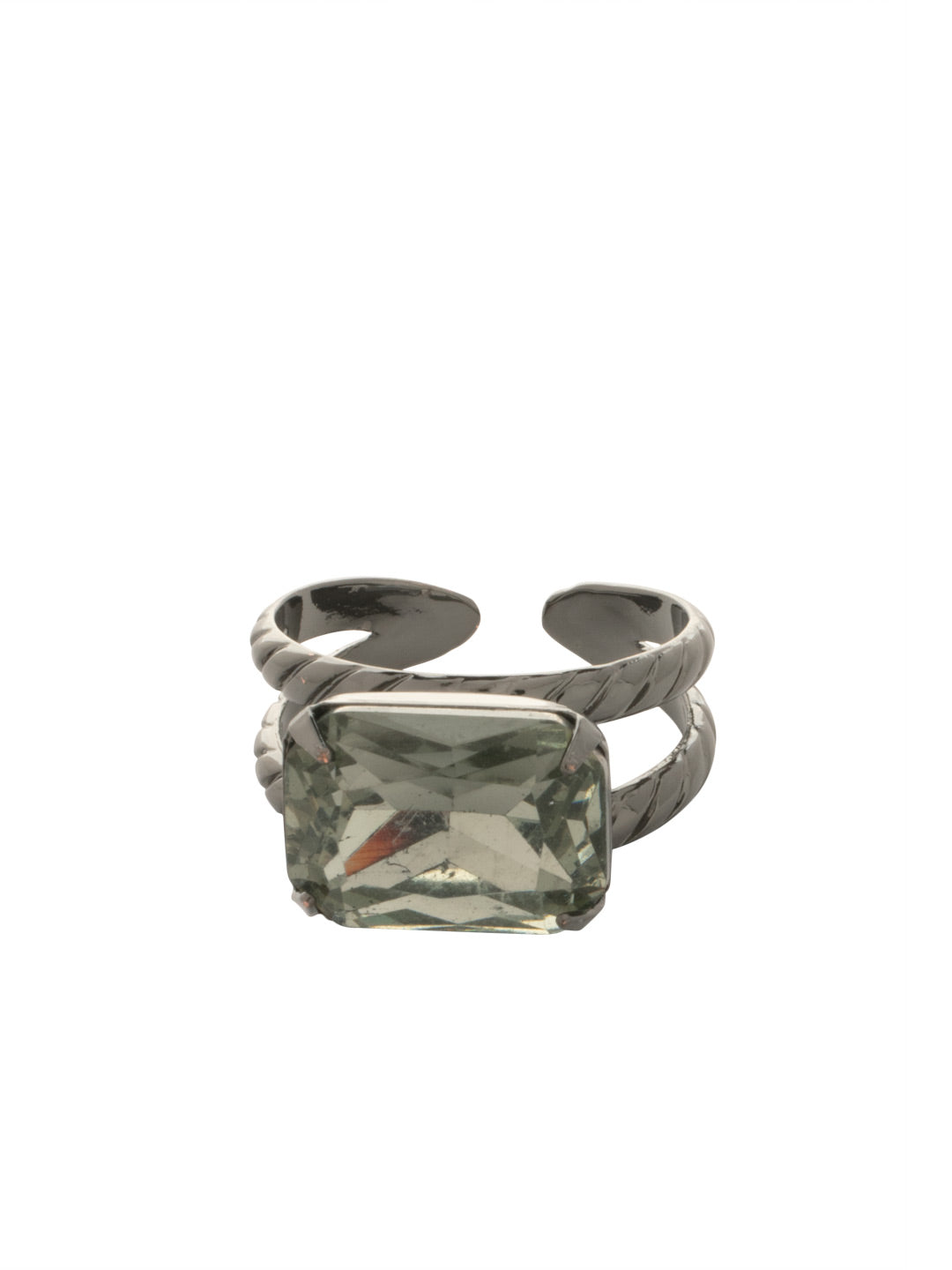 Emerald Cocktail Ring - RFL88GMBD - <p>The Emerald Cocktail Ring features a single emerald cut crystal on a braided double band. Ring size: 7 (US) From Sorrelli's Black Diamond collection in our Gun Metal finish.</p>