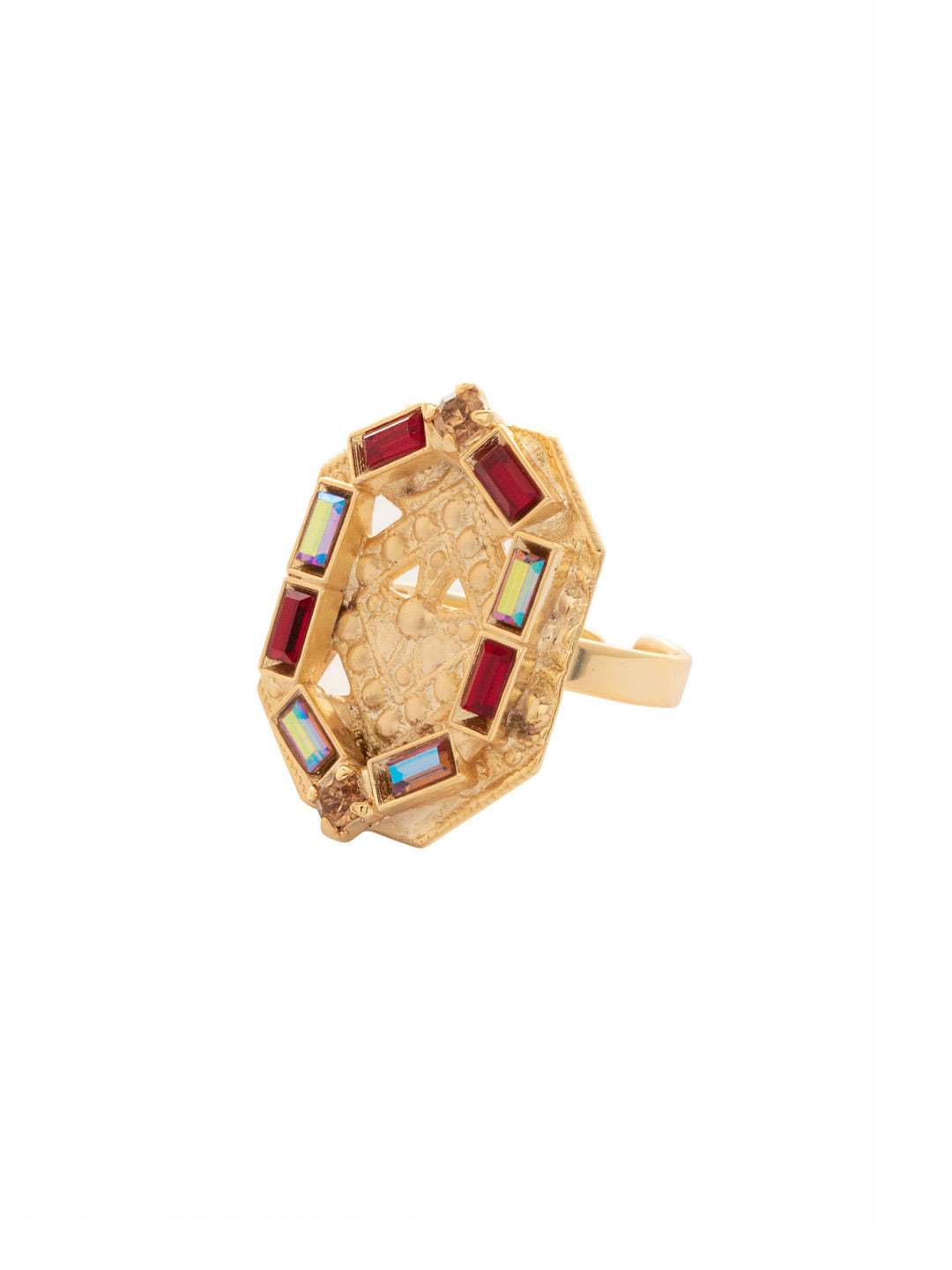 Lex Statement Ring - RFS6BGMS - <p>The Lex Statement Ring showcases an intricately engraved hexagon adorned with sparkling baguette-cut crystals, set on an open metal band that easily adjusts to fit ring sizes 4-10. A bold and elegant accessory that adds a touch of sophistication to any ensemble. From Sorrelli's Maple Syrup collection in our Bright Gold-tone finish.</p>