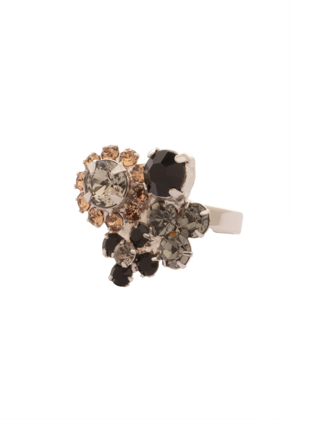 Claire Cocktail Ring - RFT3PDEM - <p>The Claire Cocktail Ring features an adjustable metal band adorned with an array of assorted-cut crystals and elegant crystal-embellished floral clusters, creating a beautifully cohesive and eye-catching design. From Sorrelli's Evening Moon collection in our Palladium finish.</p>