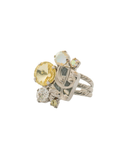 Paisley Statement Ring - RFY6PDLZ - <p>The Paisley Statement Ring features an assortment of cut crystals and a metal filigree charm on an adjustable triple stacked ring band, adjsuting to fit ring sizes 4-10. From Sorrelli's Lemon Zest collection in our Palladium finish.</p>
