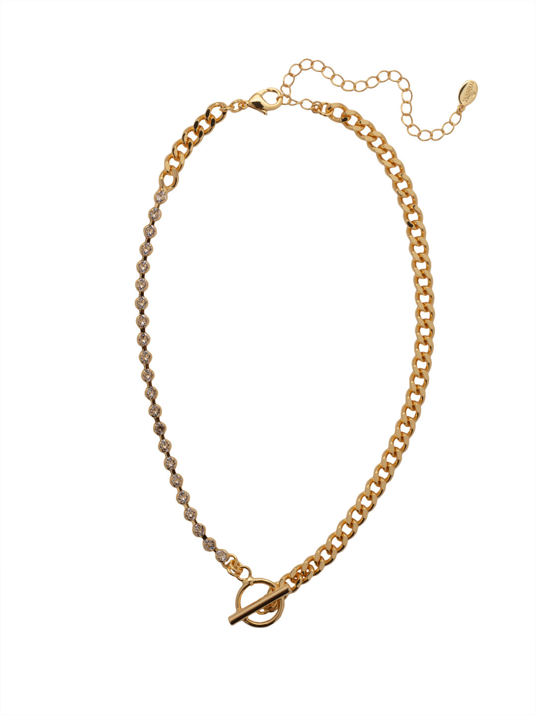 Jordan Half Crystal Tennis Necklace - 4NFC2BGCRY - <p>The Jordan Half Crystal Tennis Necklace features one side of metal chain links and one side of lined crystals, joined in the center by a decorative toggle clasp detail. From Sorrelli's Crystal collection in our Bright Gold-tone finish.</p>