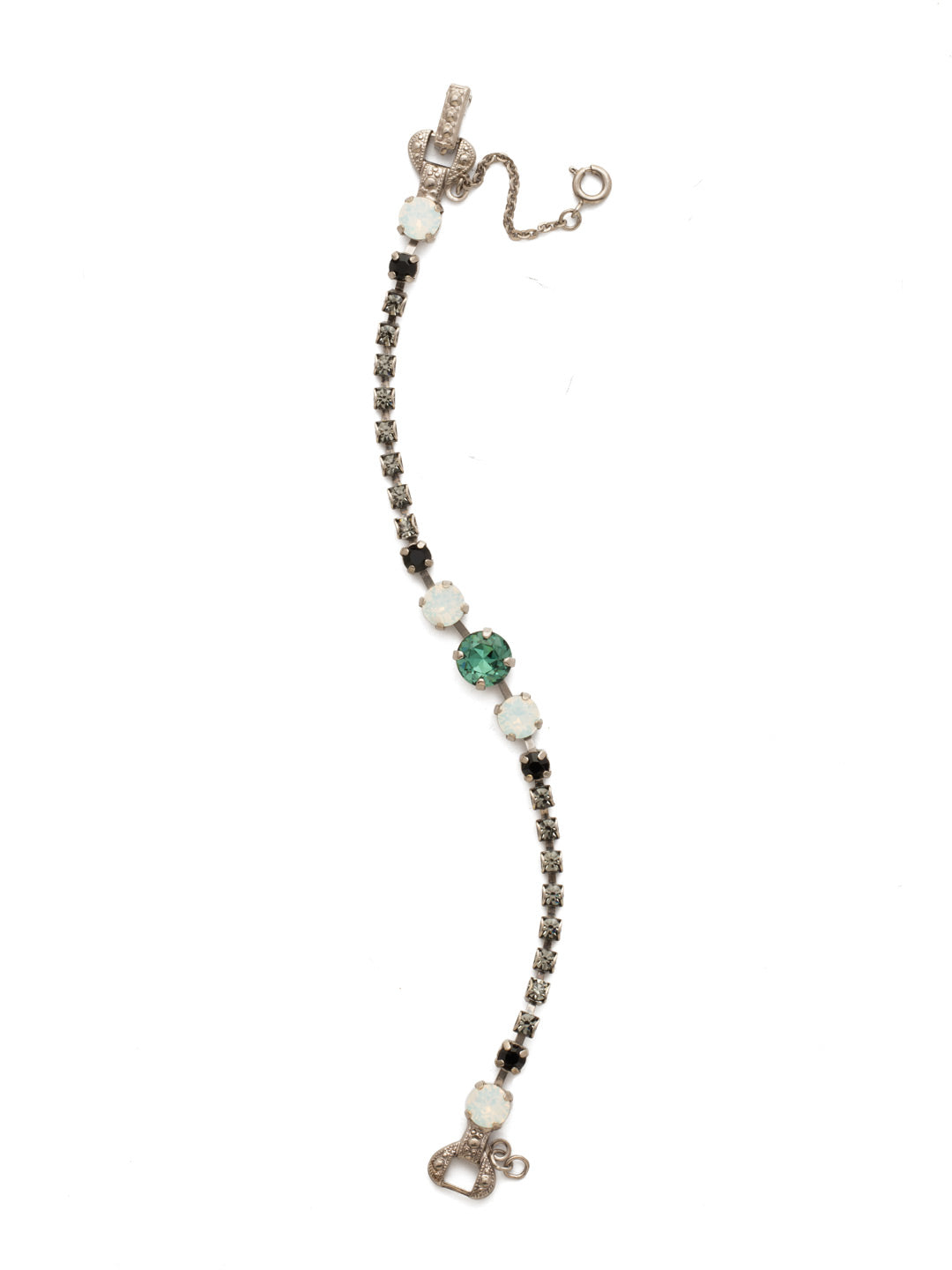 Round Up Bracelet - BDU47ASGDG - <p>Petite round crystals in a variety of settings adorn four larger crystal orbs to form this sleek style. From Sorrelli's Game Day Green collection in our Antique Silver-tone finish.</p>