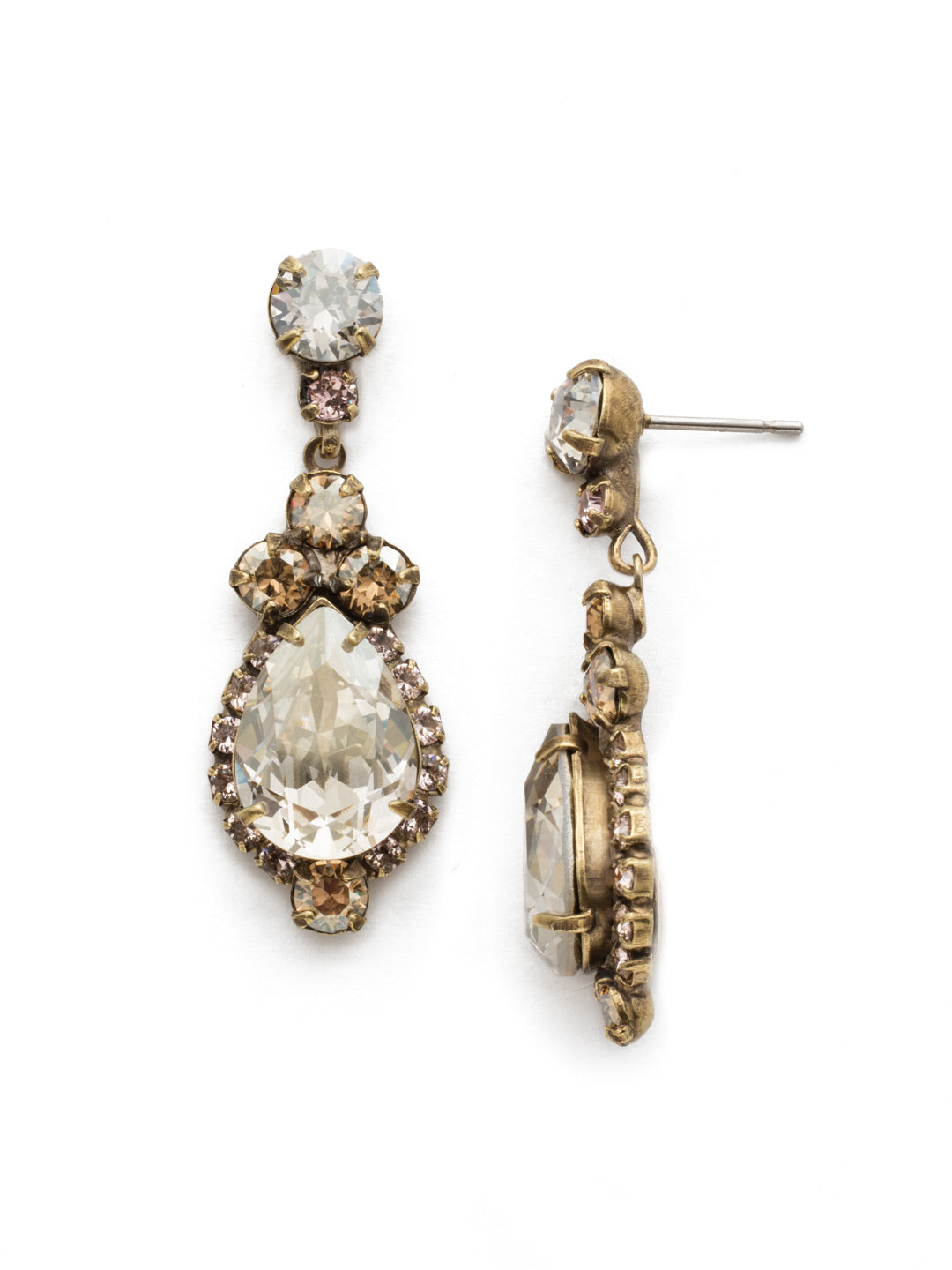 Central Teardrop Dangle Earrings - EDA55AGSRO - <p>Drops of dazzle! A teardrop shaped crystal surrounded by rhinestones dangle from a round crystal post. From Sorrelli's Soft Rose collection in our Antique Gold-tone finish.</p>