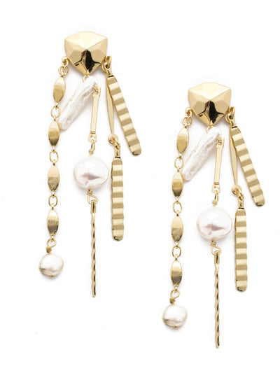 Fiorella Earring - EEC1BGPLP - This stunning post earring features uniquely arranged drops made up of crimped metal elements, decorative link chain, round and branch-like pearls.