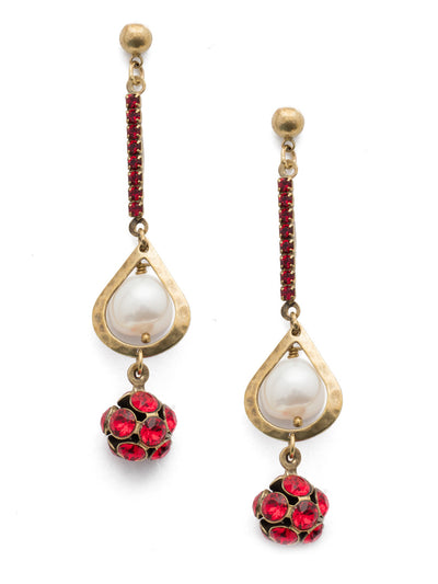 Renly Drop Earring - EEF48AGSNR - Dangling from a chain of diamonds these earrings are crafted with a pearl surrounded by a metal teardrop. Ending with a glittering diamond ball at the tips. These earrings are ideal to dress up any work outfit to give it a dash of simple flair. From Sorrelli's Sansa Red collection in our Antique Gold-tone finish.