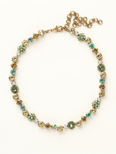 Classic Floral Tennis Necklace - NBE2AGGA - <p>Put an extra spring in your step! This classic necklace features a combination of round and floral cluster crystals to add a sweet romantic touch to your everyday look. From Sorrelli's Green Apple collection in our Antique Gold-tone finish.</p>