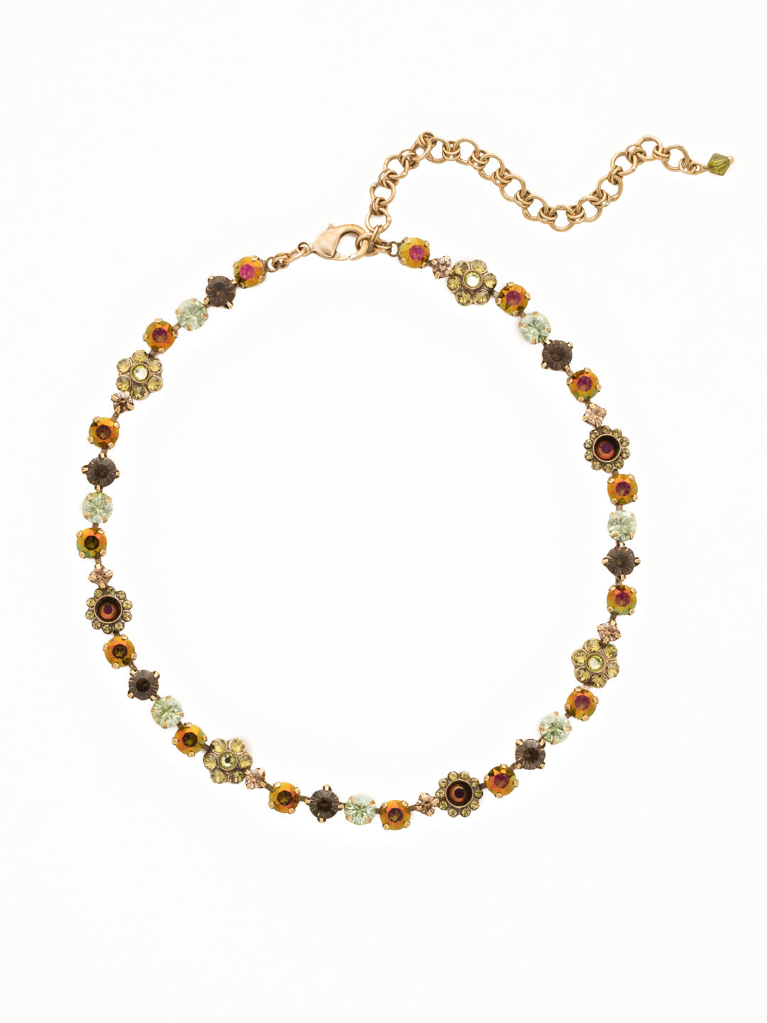 Classic Floral Tennis Necklace - NBE2AGGTA - <p>Put an extra spring in your step! This classic necklace features a combination of round and floral cluster crystals to add a sweet romantic touch to your everyday look. From Sorrelli's Green Tapestry collection in our Antique Gold-tone finish.</p>