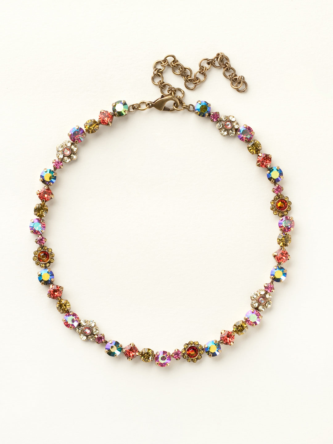 Classic Floral Tennis Necklace - NBE2AGJF - <p>Put an extra spring in your step! This classic necklace features a combination of round and floral cluster crystals to add a sweet romantic touch to your everyday look. From Sorrelli's Juicy Fruit collection in our Antique Gold-tone finish.</p>