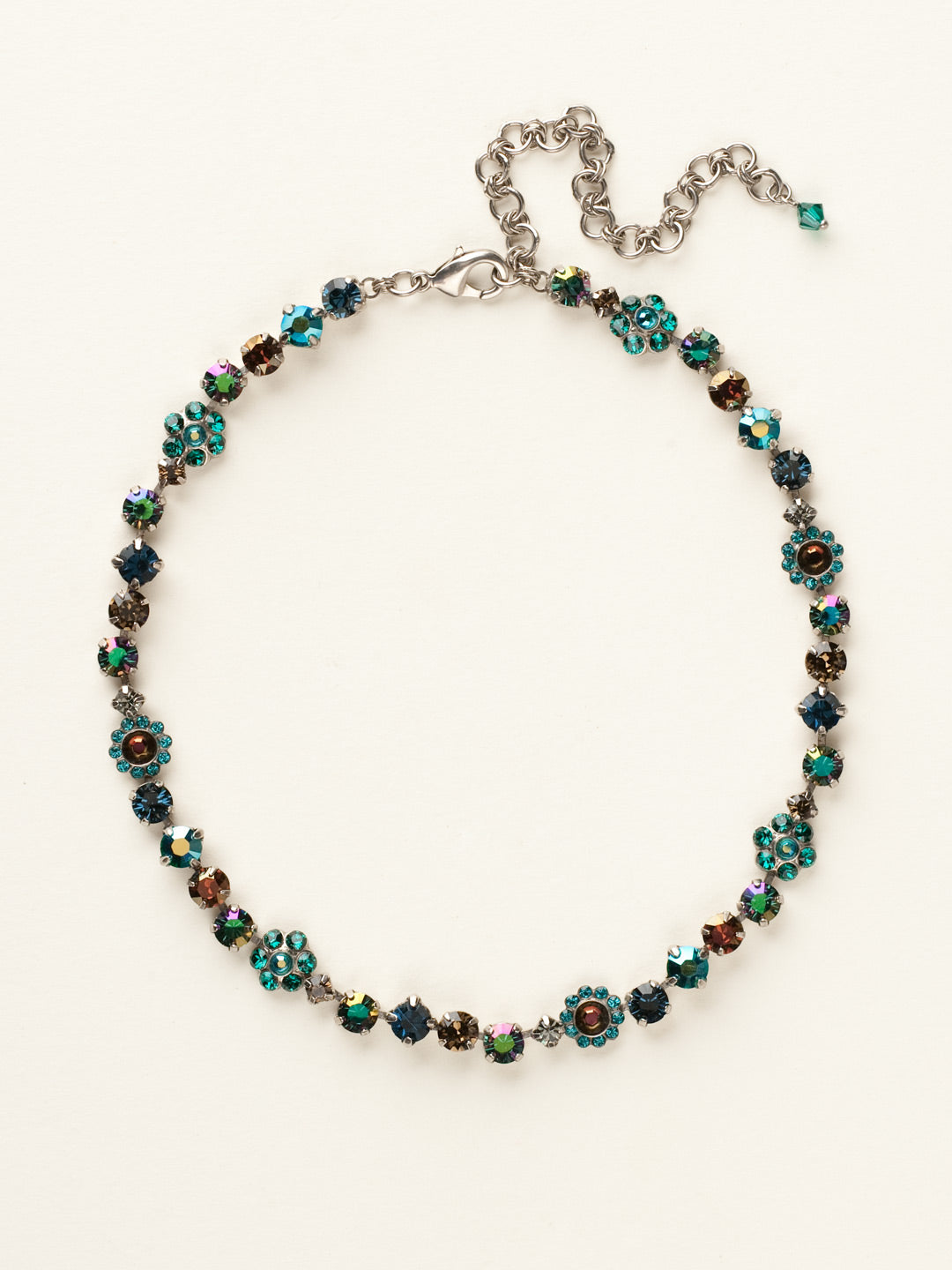 Classic Floral Tennis Necklace - NBE2ASEMC - <p>Put an extra spring in your step! This classic necklace features a combination of round and floral cluster crystals to add a sweet romantic touch to your everyday look. From Sorrelli's Emerald City collection in our Antique Silver-tone finish.</p>