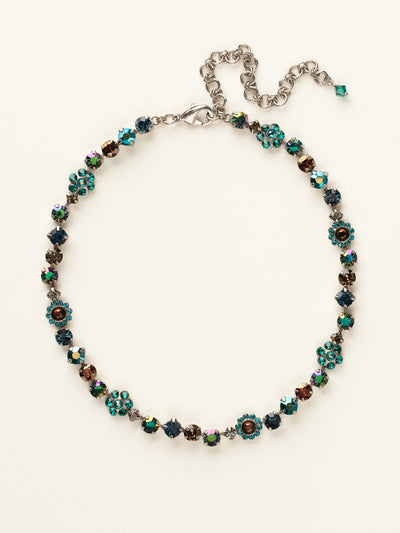 Classic Floral Tennis Necklace - NBE2ASEMC - <p>Put an extra spring in your step! This classic necklace features a combination of round and floral cluster crystals to add a sweet romantic touch to your everyday look. From Sorrelli's Emerald City collection in our Antique Silver-tone finish.</p>