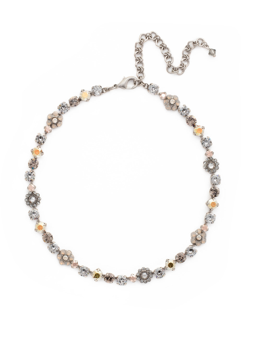 Classic Floral Tennis Necklace - NBE2ASGV - <p>Put an extra spring in your step! This classic necklace features a combination of round and floral cluster crystals to add a sweet romantic touch to your everyday look. From Sorrelli's Gold Vermeil collection in our Antique Silver-tone finish.</p>