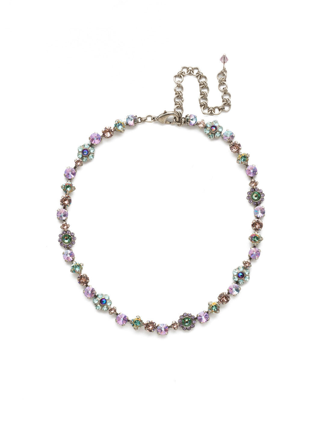 Classic Floral Tennis Necklace - NBE2ASLPA - <p>Put an extra spring in your step! This classic necklace features a combination of round and floral cluster crystals to add a sweet romantic touch to your everyday look. From Sorrelli's Lilac Pastel collection in our Antique Silver-tone finish.</p>