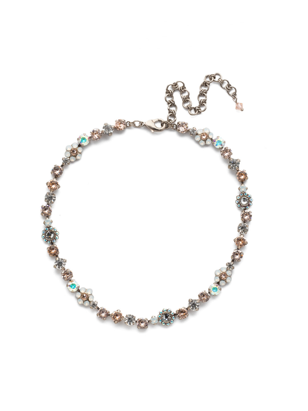 Classic Floral Tennis Necklace - NBE2ASSCL - <p>Put an extra spring in your step! This classic necklace features a combination of round and floral cluster crystals to add a sweet romantic touch to your everyday look. From Sorrelli's Silky Clouds collection in our Antique Silver-tone finish.</p>