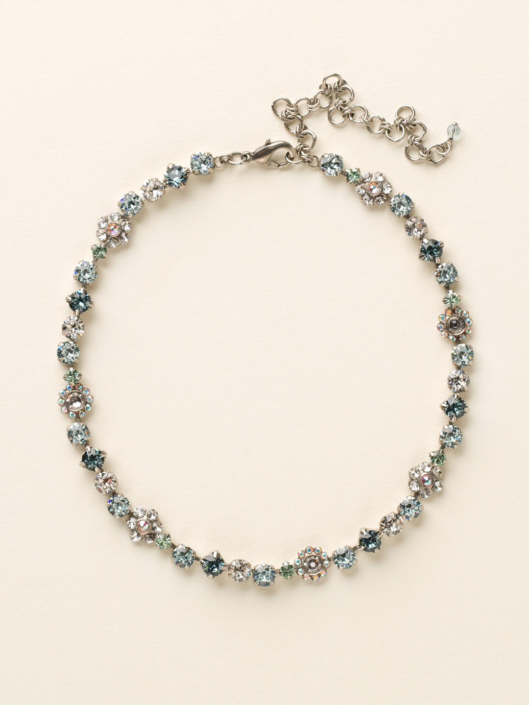 Classic Floral Tennis Necklace - NBE2ASSEA - <p>Put an extra spring in your step! This classic necklace features a combination of round and floral cluster crystals to add a sweet romantic touch to your everyday look. From Sorrelli's Seaside collection in our Antique Silver-tone finish.</p>