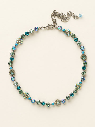 Classic Floral Tennis Necklace - NBE2ASSGL - <p>Put an extra spring in your step! This classic necklace features a combination of round and floral cluster crystals to add a sweet romantic touch to your everyday look. From Sorrelli's Sea Glass collection in our Antique Silver-tone finish.</p>