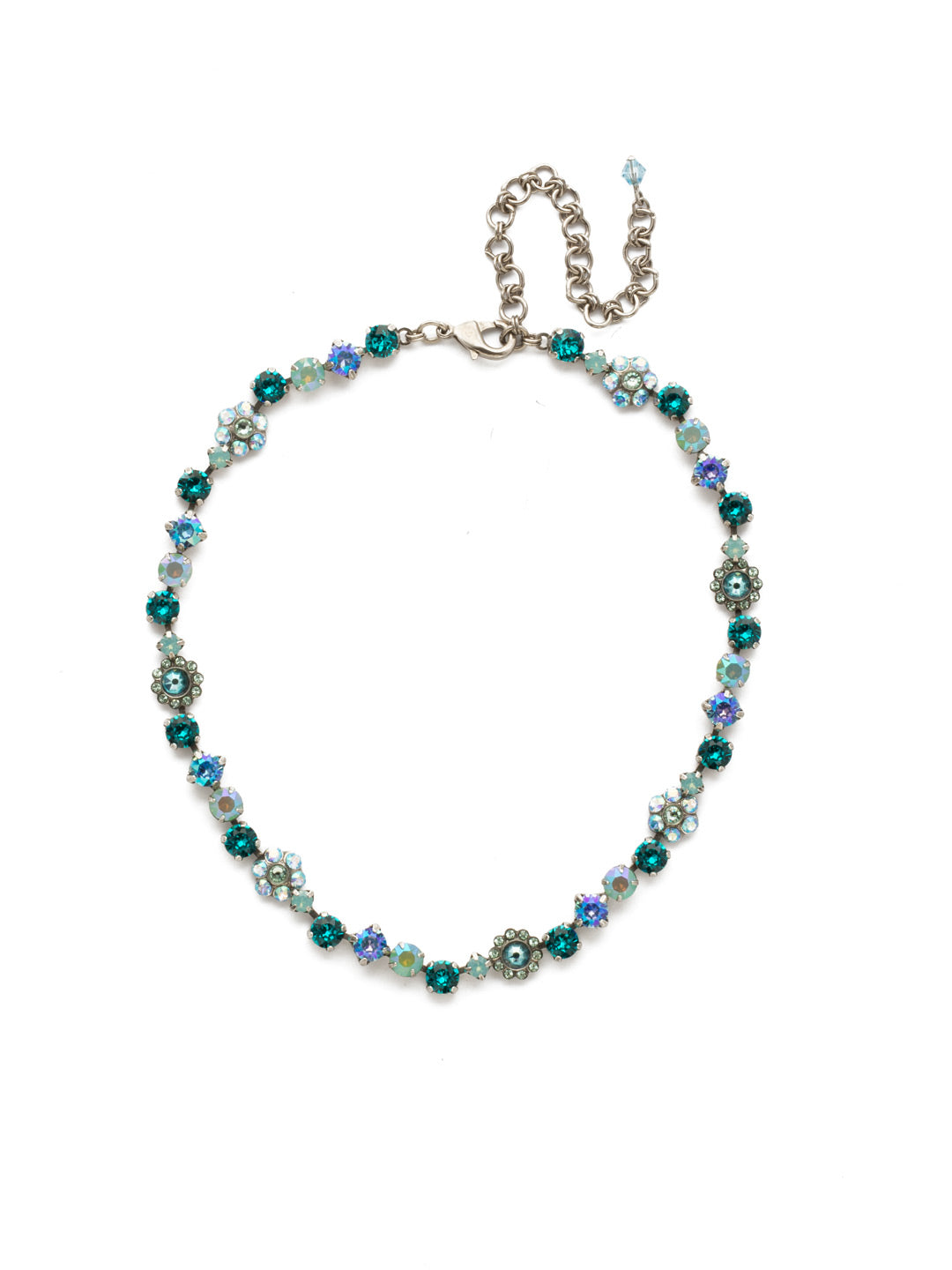 Classic Floral Tennis Necklace - NBE2ASSMN - <p>Put an extra spring in your step! This classic necklace features a combination of round and floral cluster crystals to add a sweet romantic touch to your everyday look. From Sorrelli's Sweet Mint collection in our Antique Silver-tone finish.</p>